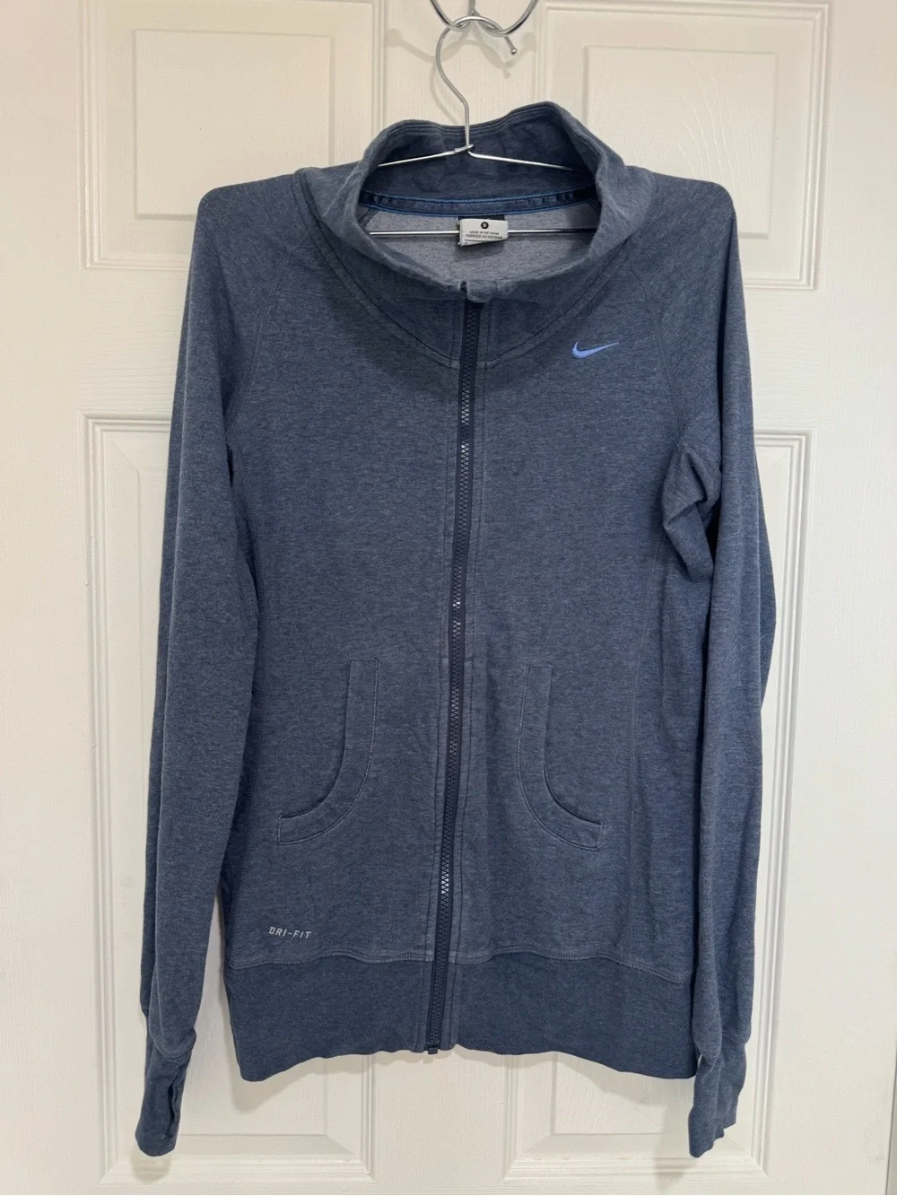 Nike Dri-FIT Women's Full Zip Cowl Neck Jacket Slate Blue Size S Thumbholes